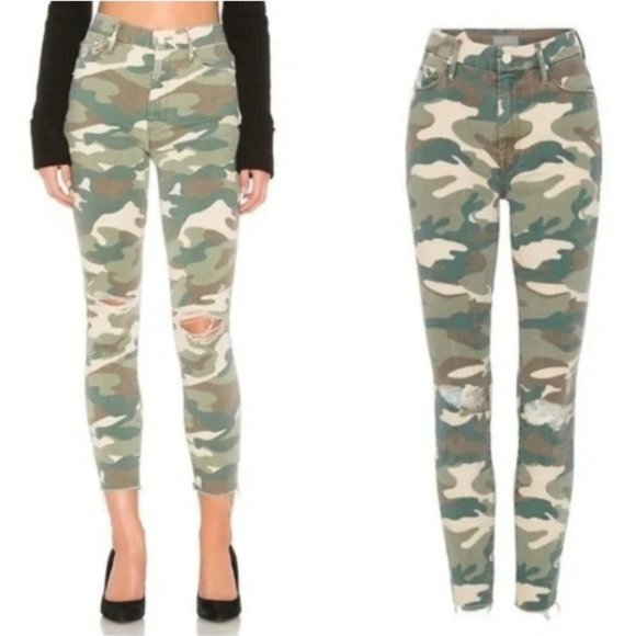 MOTHER Denim - MOTHER High Waisted Looker Ankle Fray in See Me Green Camo Camouflage Size 26